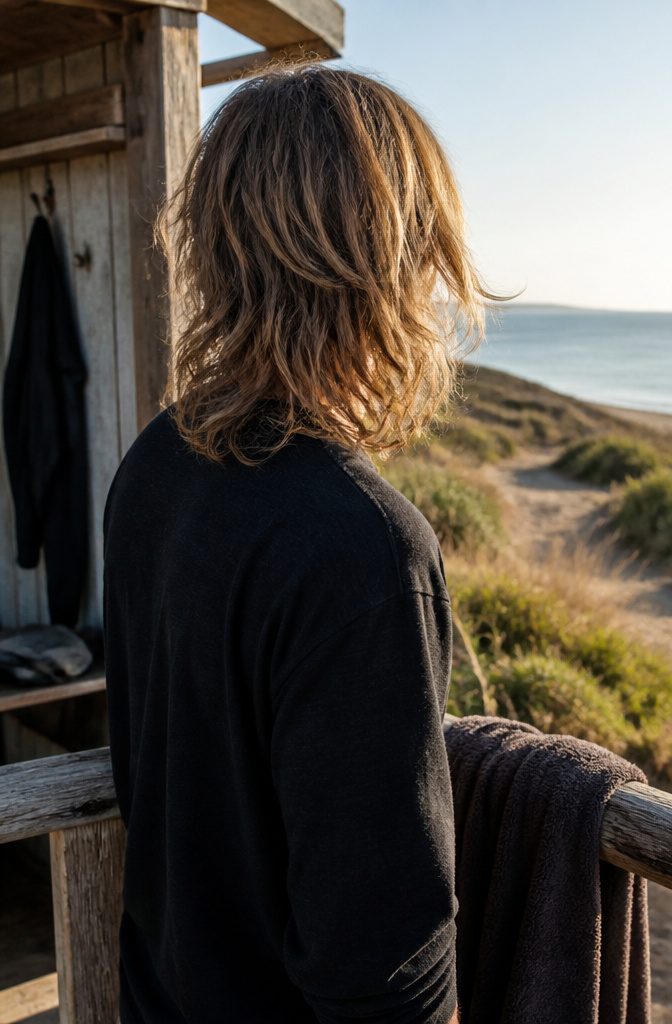 Brad Pitt seen from behind with long layered waves and a dark shirt