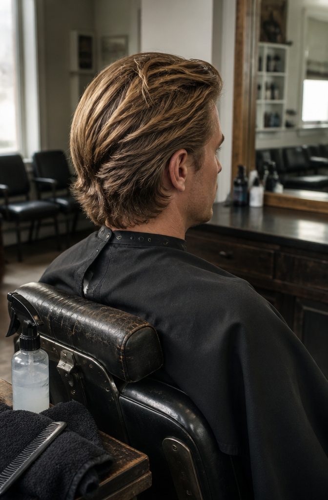 Brad Pitt with a grown-out side part and hair falling over his ears