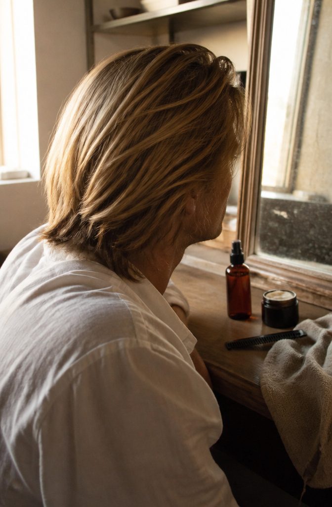 Brad Pitt with long hair swept back from a natural side part