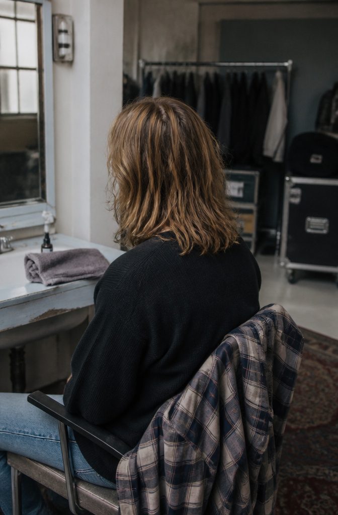 Brad Pitt with shoulder-length wavy hair seen from behind and in profile