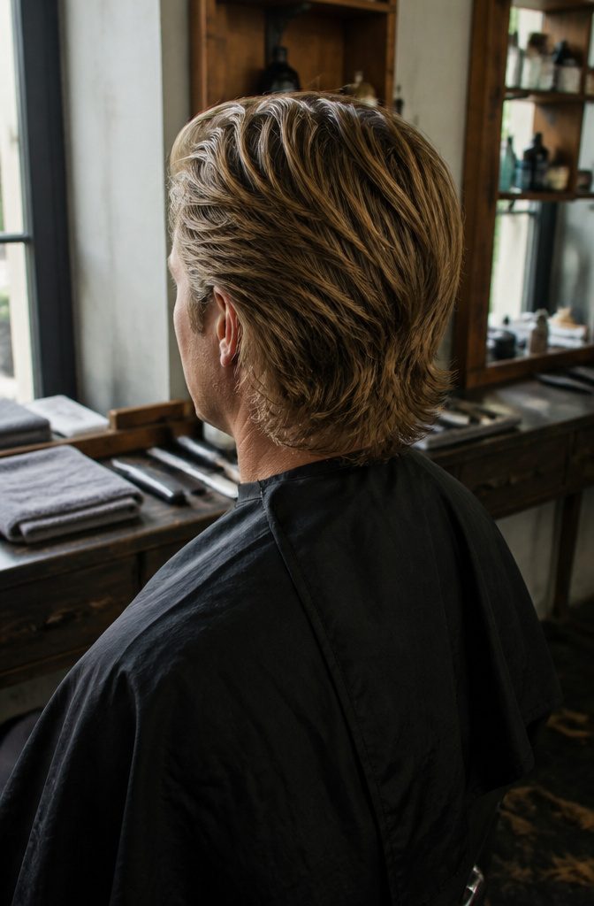 Brad Pitt with softly waved hair swept back and shorter sides