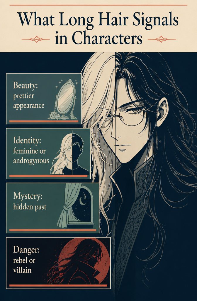 Graphic listing beauty mystery and danger as signals of long hair