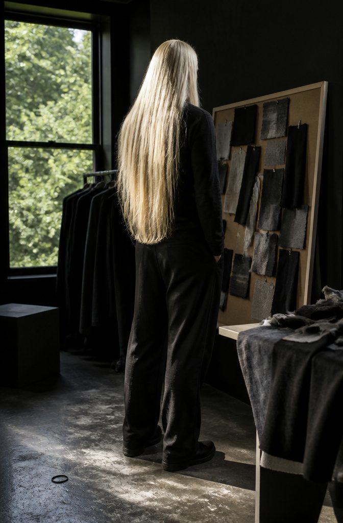 Male model with straight pale blond hair reaching his lower back