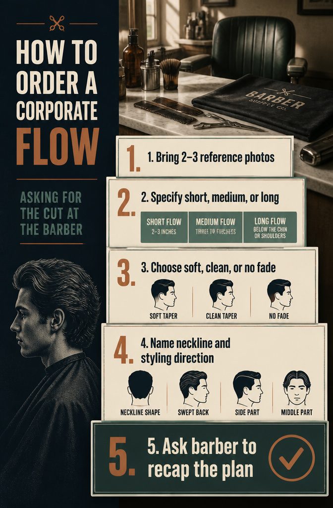 Barber consultation image with flow haircut reference photos and styling notes