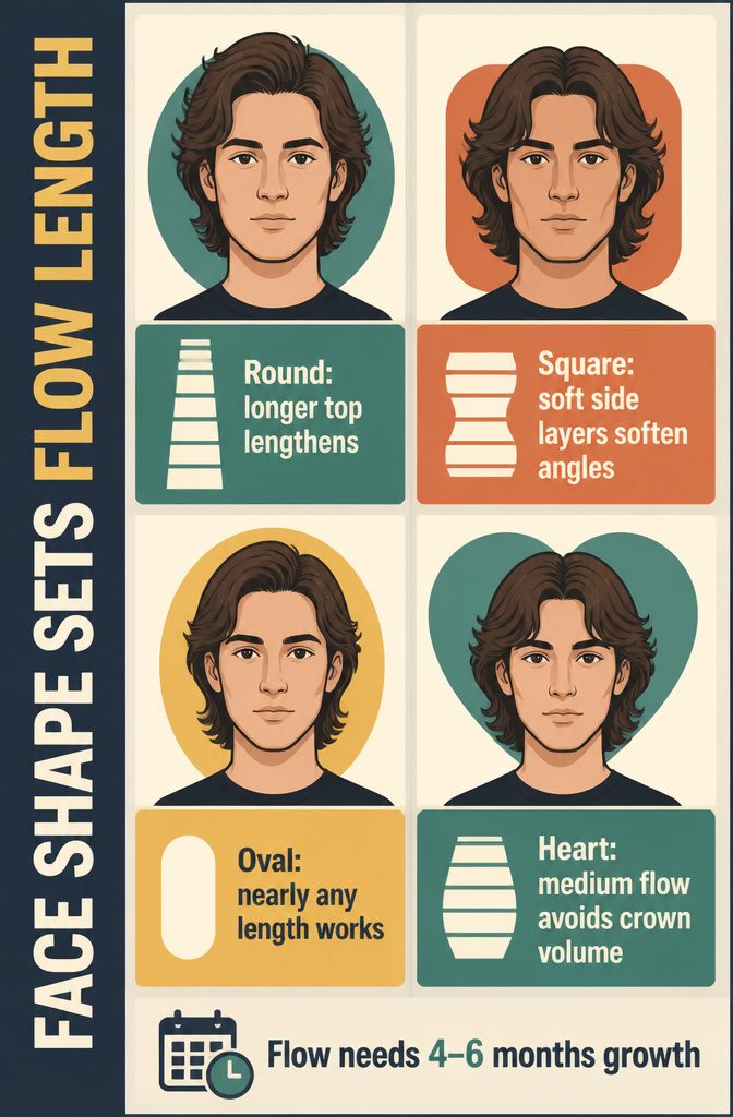 Flow haircut examples arranged for round square oval and heart-shaped faces