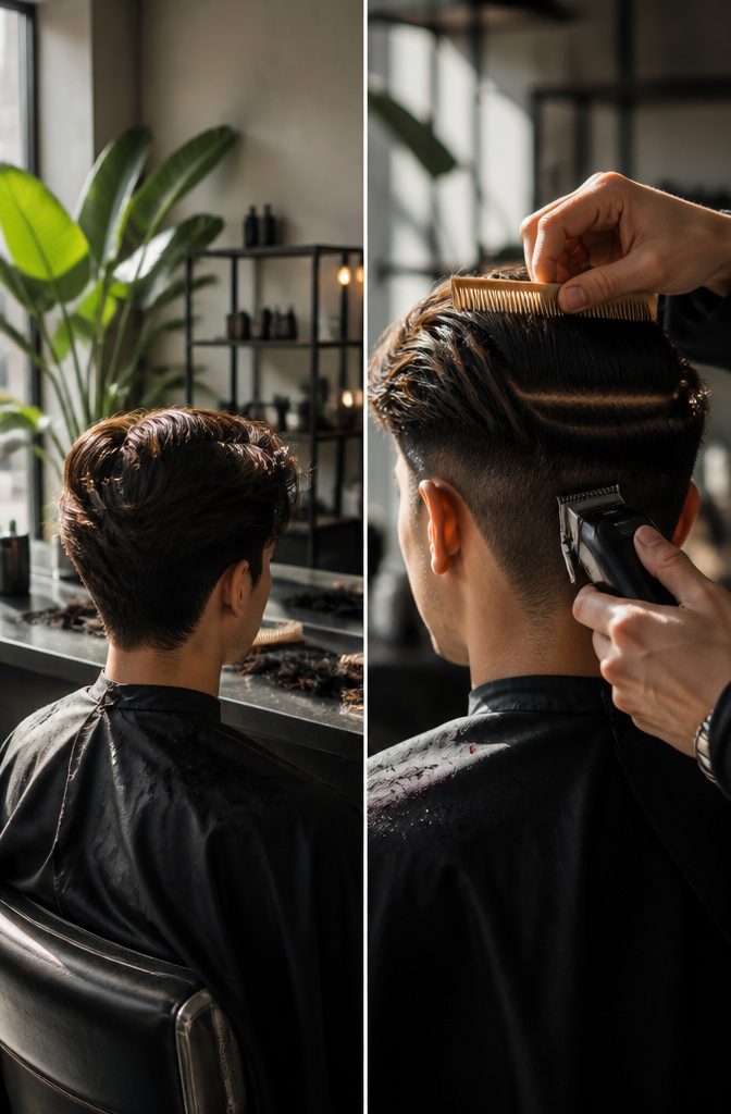 Flow haircut with tapered sides and longer hair directed back from the forehead