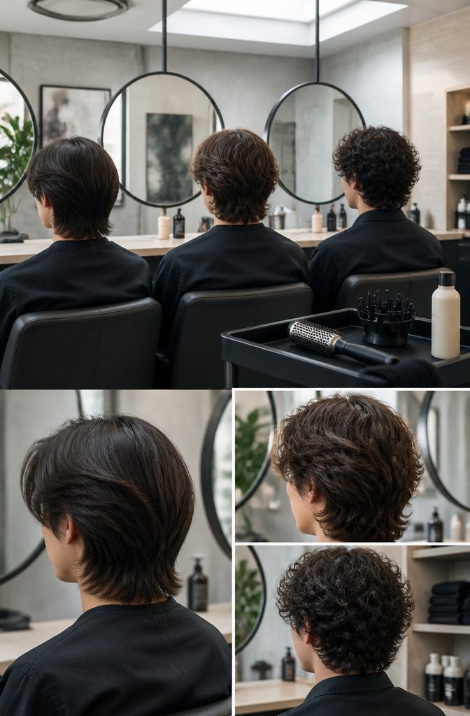 Flow haircut examples showing straight wavy and curly hair with shaped sides