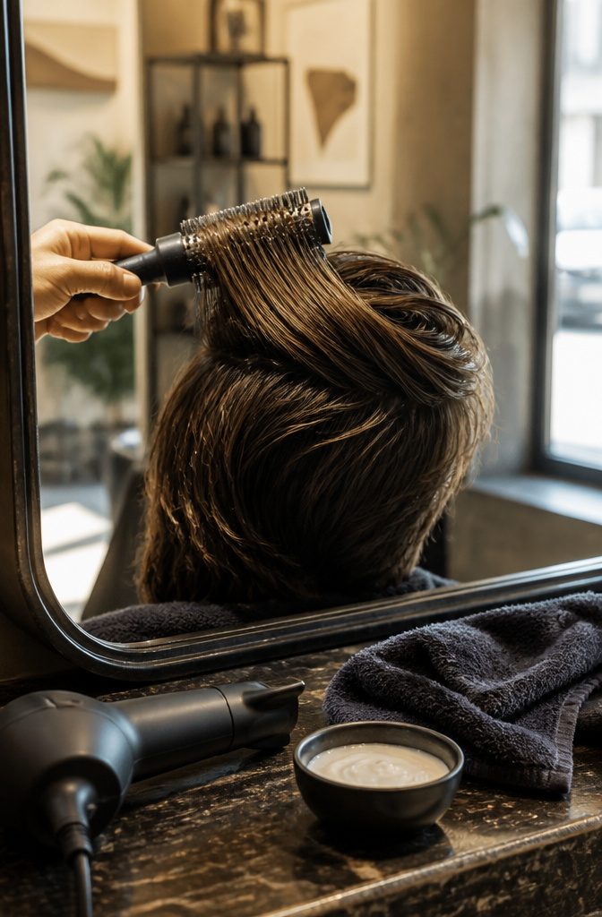 Damp medium-length hair blow-dried back with a round brush and light styling cream