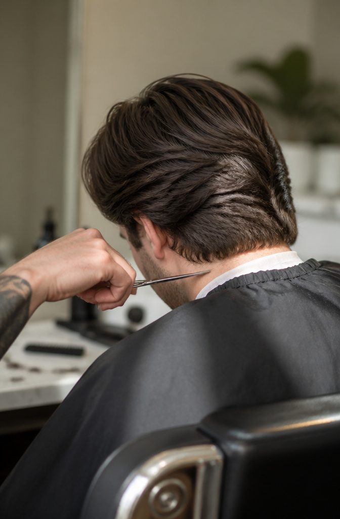 Flow haircut with trimmed neckline layered ends and controlled medium-length shape