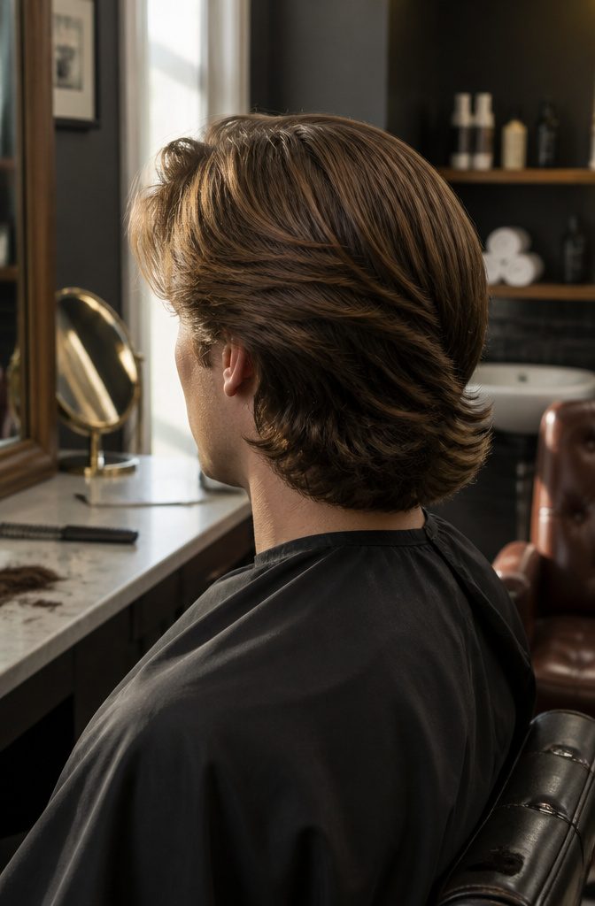 Medium-length layered hair swept back with clean sides and natural movement