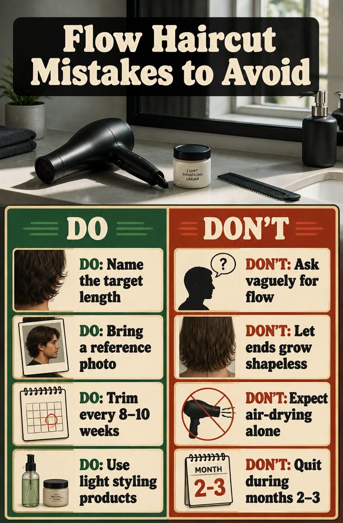 Flow haircut with overgrown ends heavy product and uneven shape around the sides