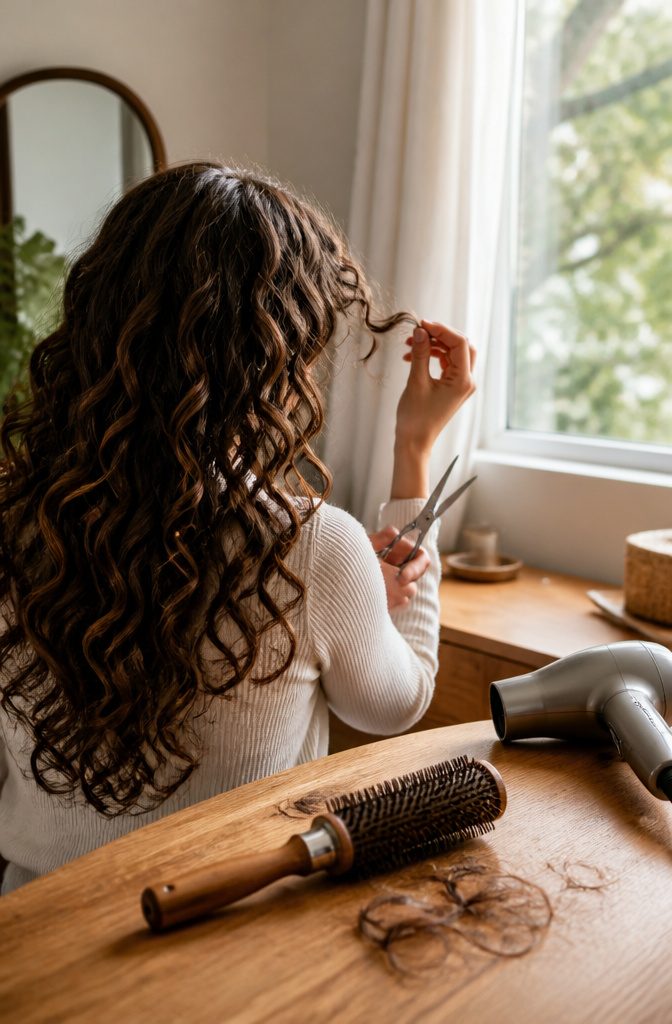 Dry styled curls forming bangs below the eyebrows before trimming