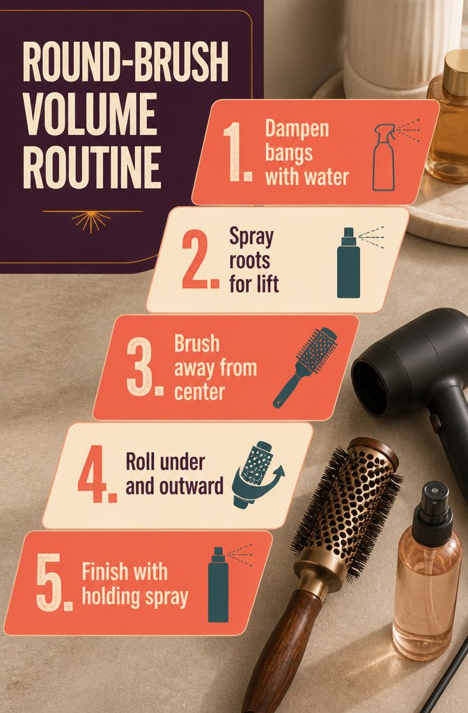 Round brush lifting damp curtain bangs away from the center