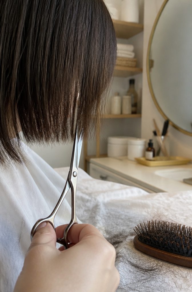 Scissors making small vertical snips along feathered bang ends