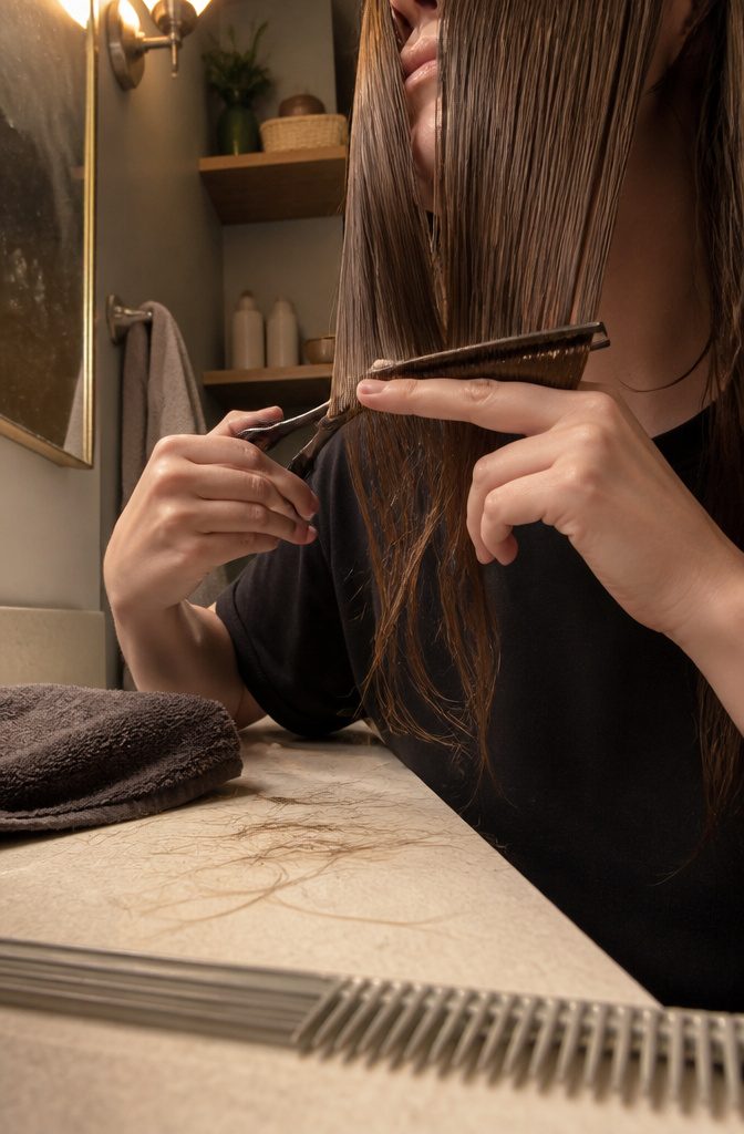 Forward-combed triangle held at chin level with horizontal hair shears