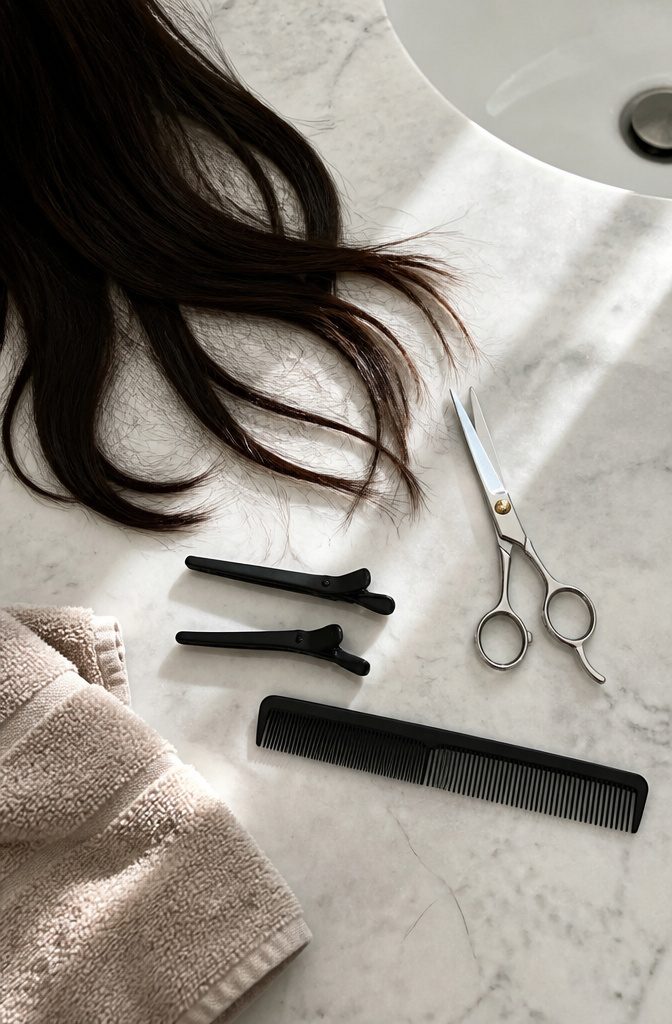 Hair shears clips and comb beside dry detangled hair