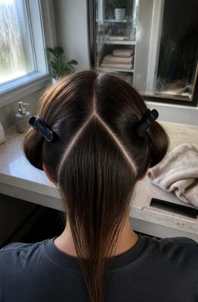 Hair sectioned into a triangle with diagonal parts from crown to brows