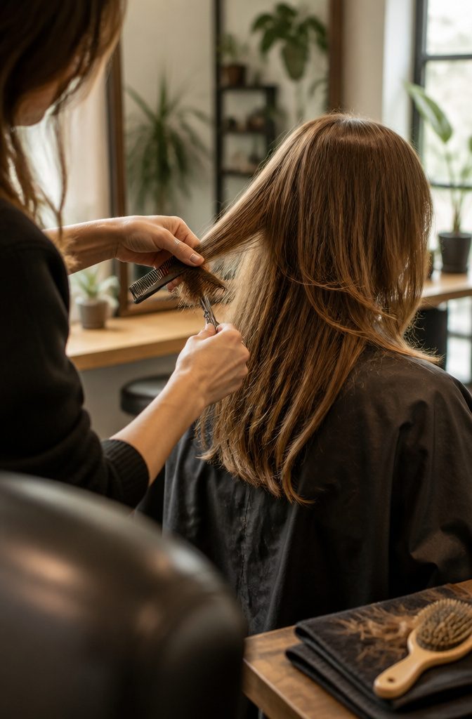 Stylist blending curtain bangs into longer layers with hair shears