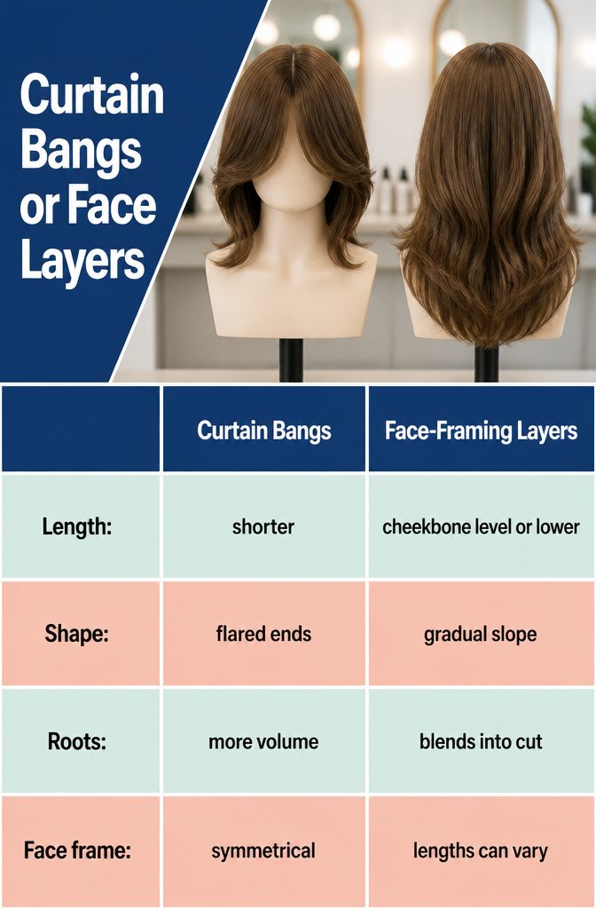 Beauty graphic comparing short curtain bangs with longer face-framing layers