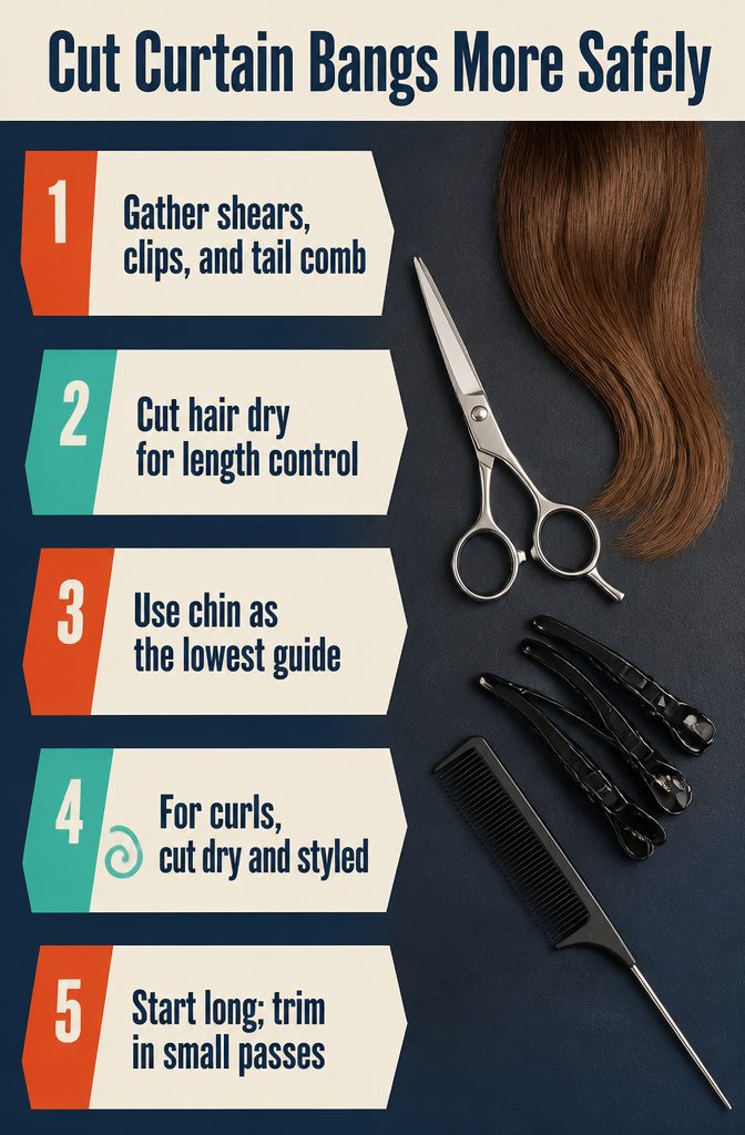 Beauty graphic with safety tips for cutting curtain bangs