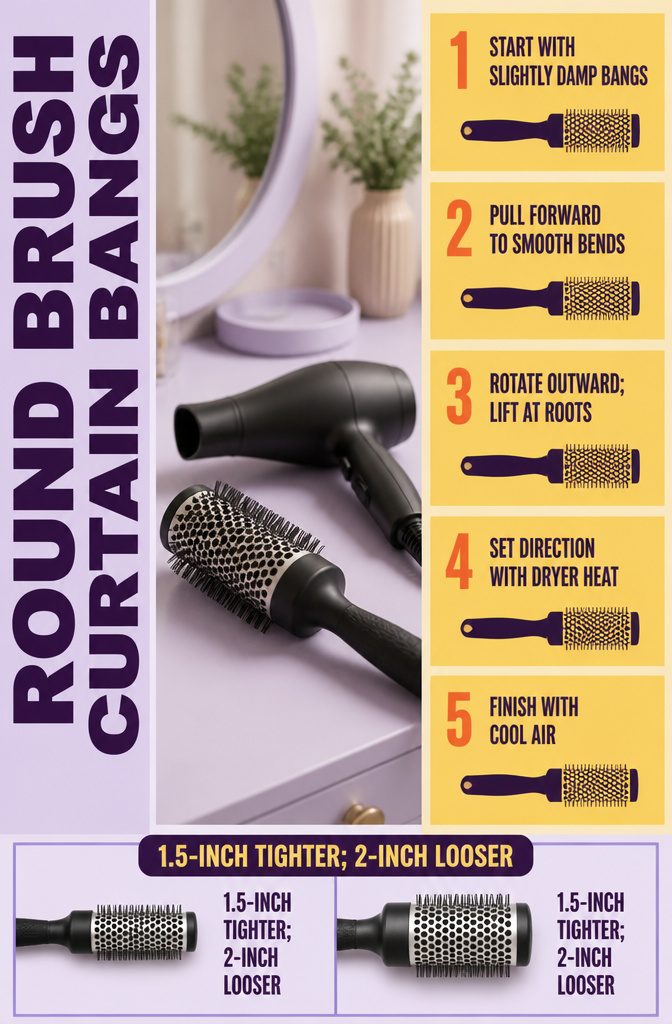 Curtain bangs wrapped around a round brush near the hairline
