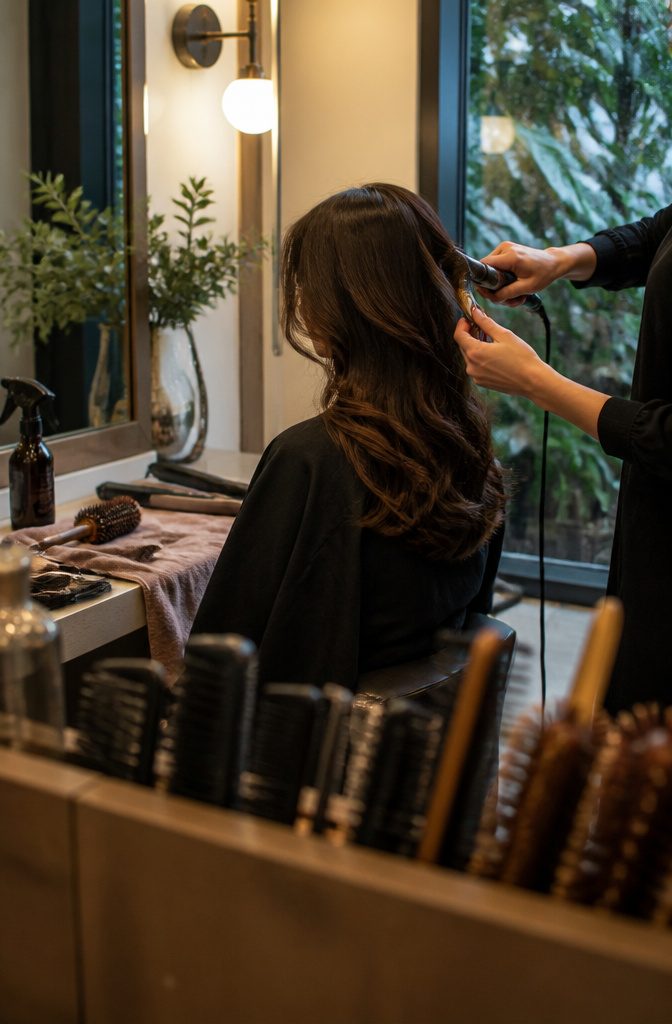 Long curtain bangs wrapped around a medium-barrel curling iron