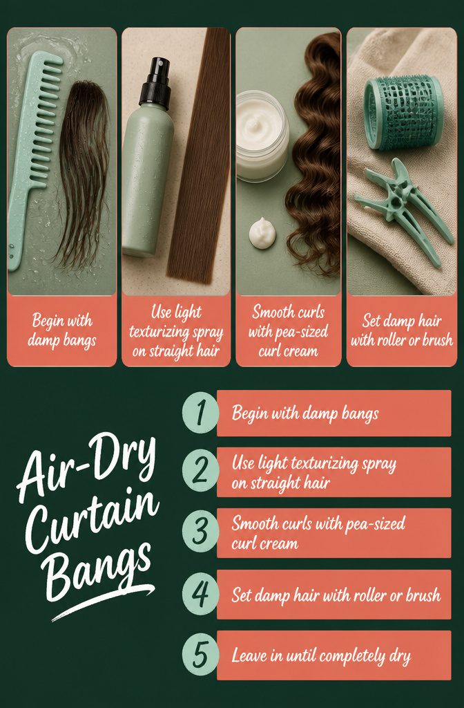 Curtain bangs held at the front hairline with a Velcro roller
