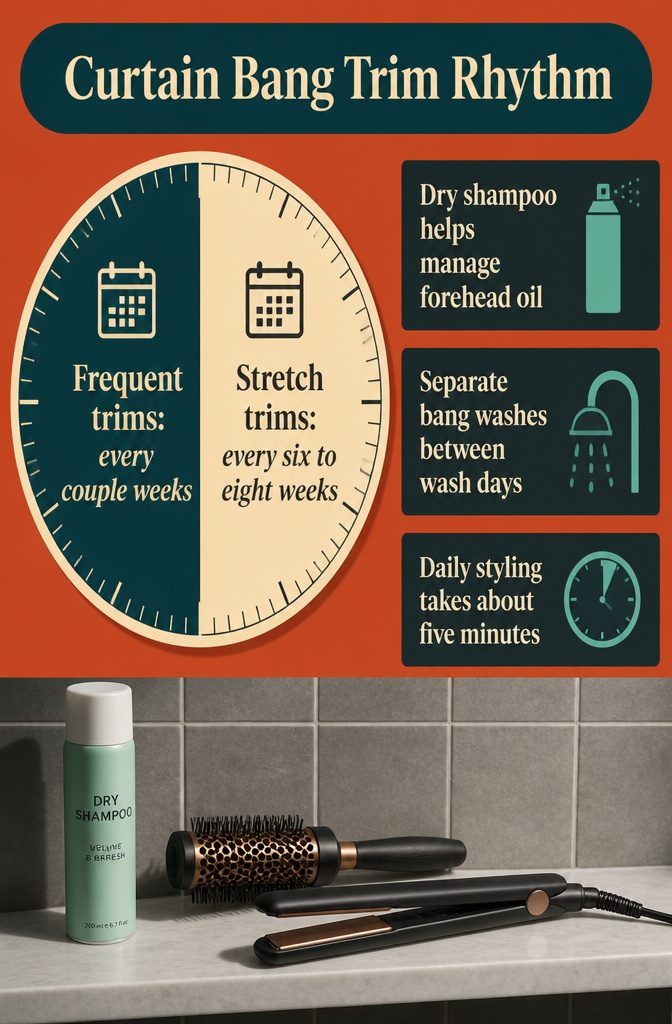 Beauty graphic showing a trim schedule for curtain bangs