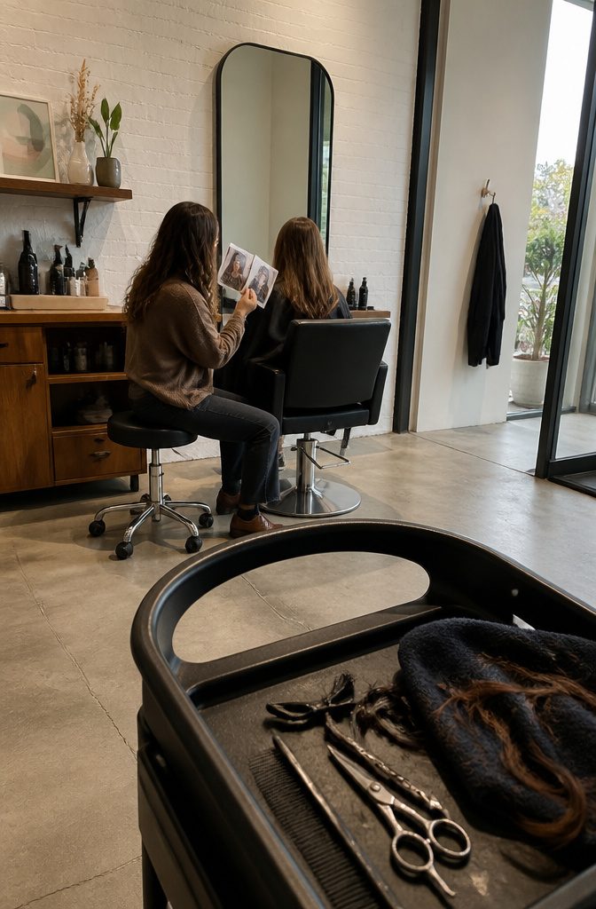 Curtain bangs framing the face with a center part and tapered sides