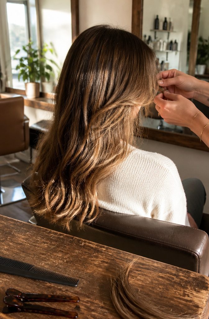 Curtain bangs with a center part and longer pieces sweeping toward the cheeks