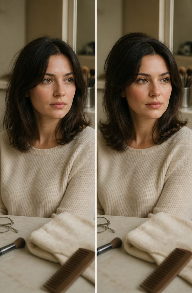 Woman with balanced hair volume at forehead and chin around prominent cheekbones