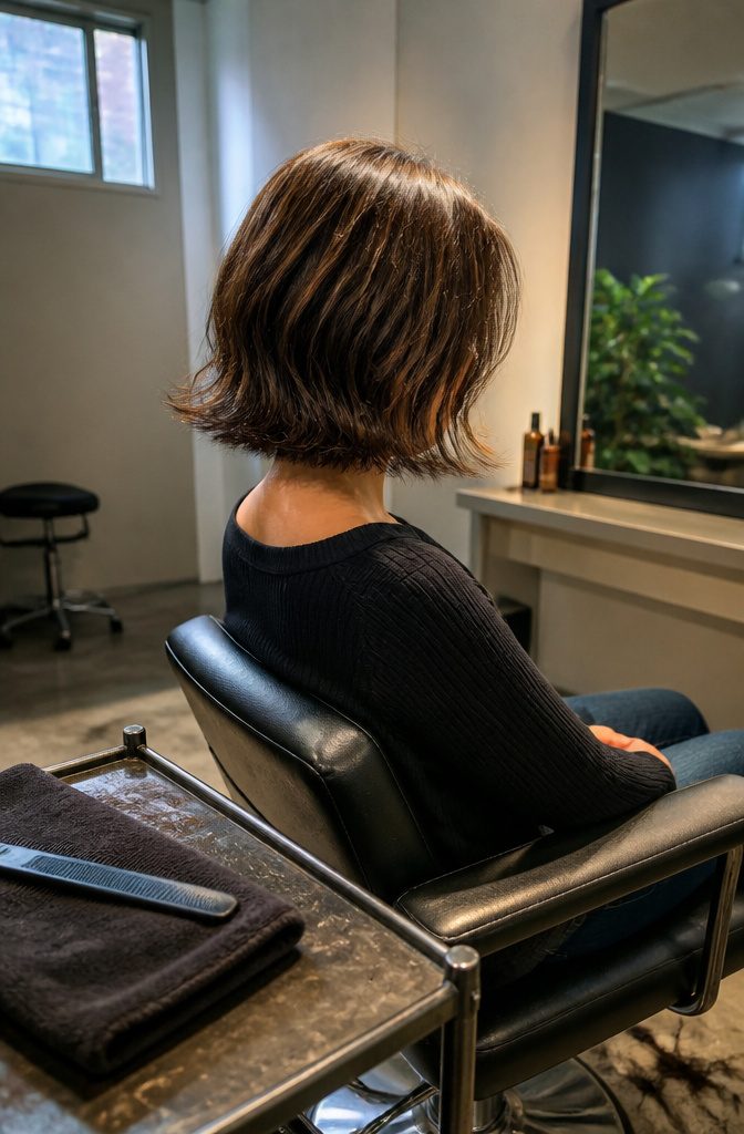 Woman with chin-length bob and softly flared textured ends