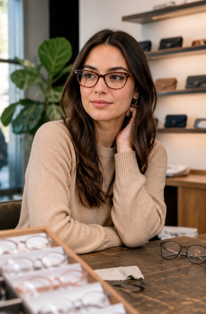 Woman with diamond face wearing warm tortoiseshell cat-eye glasses