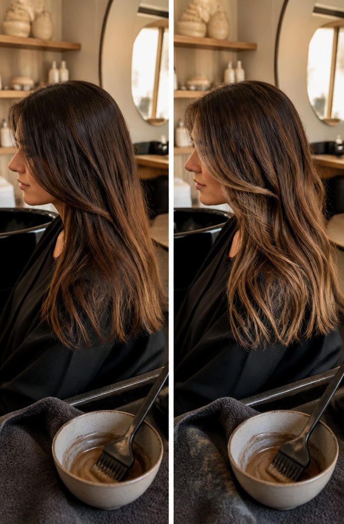Woman with balayage and face-framing highlights along temples and jaw