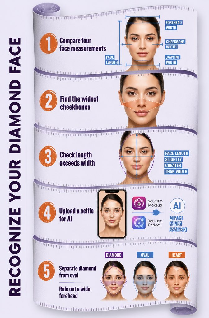 Diamond face guide showing narrow forehead broad cheekbones and tapered jaw