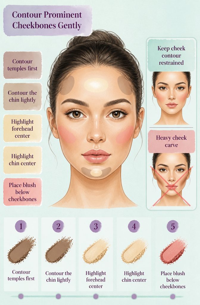 Makeup guide showing contour at temples and chin