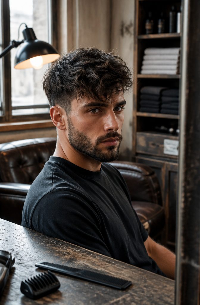 Man with crown volume tapered sides and textured side-swept fringe