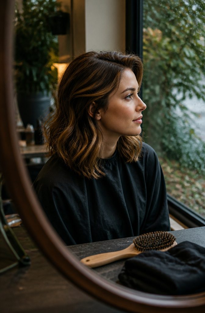 Woman with shoulder-length waves and volume at the crown
