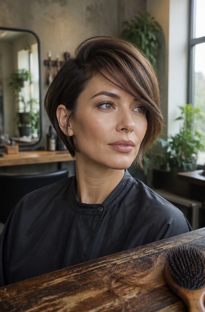 Woman wearing side-swept bangs across her forehead