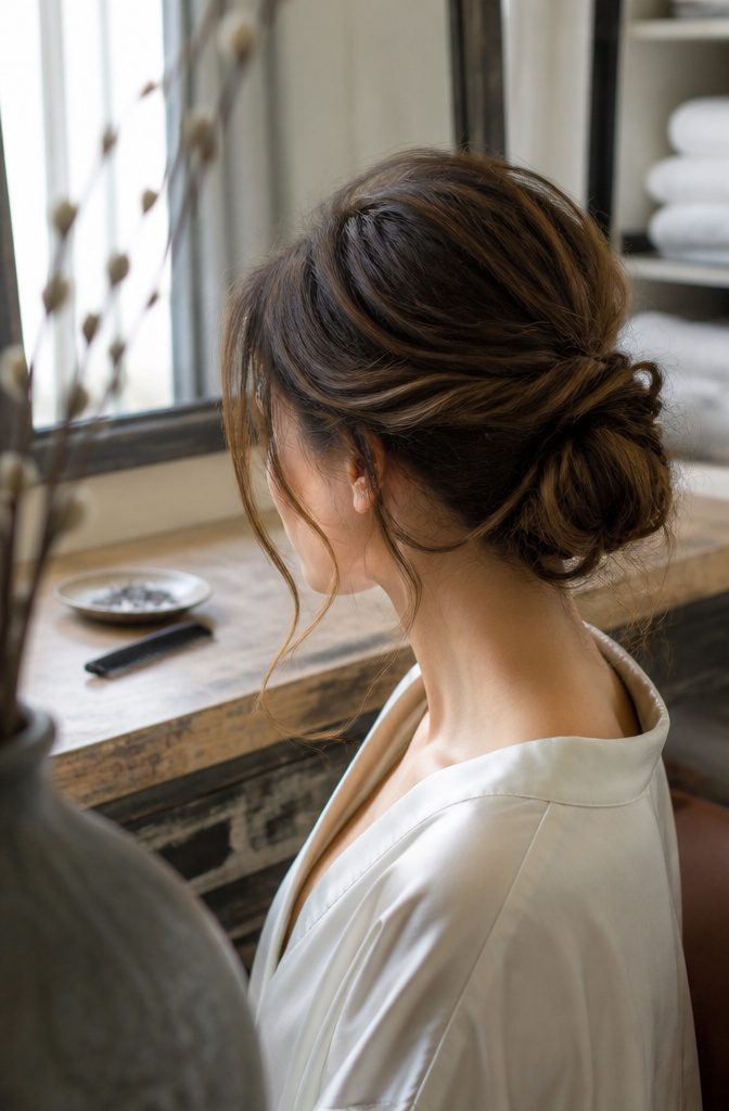 Woman wearing loose updo with tendrils at temples and jawline