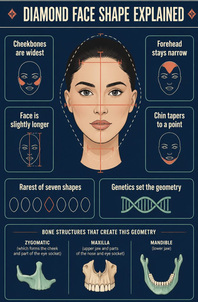 Face shape diagram with wide cheekbones and a narrow forehead and jaw