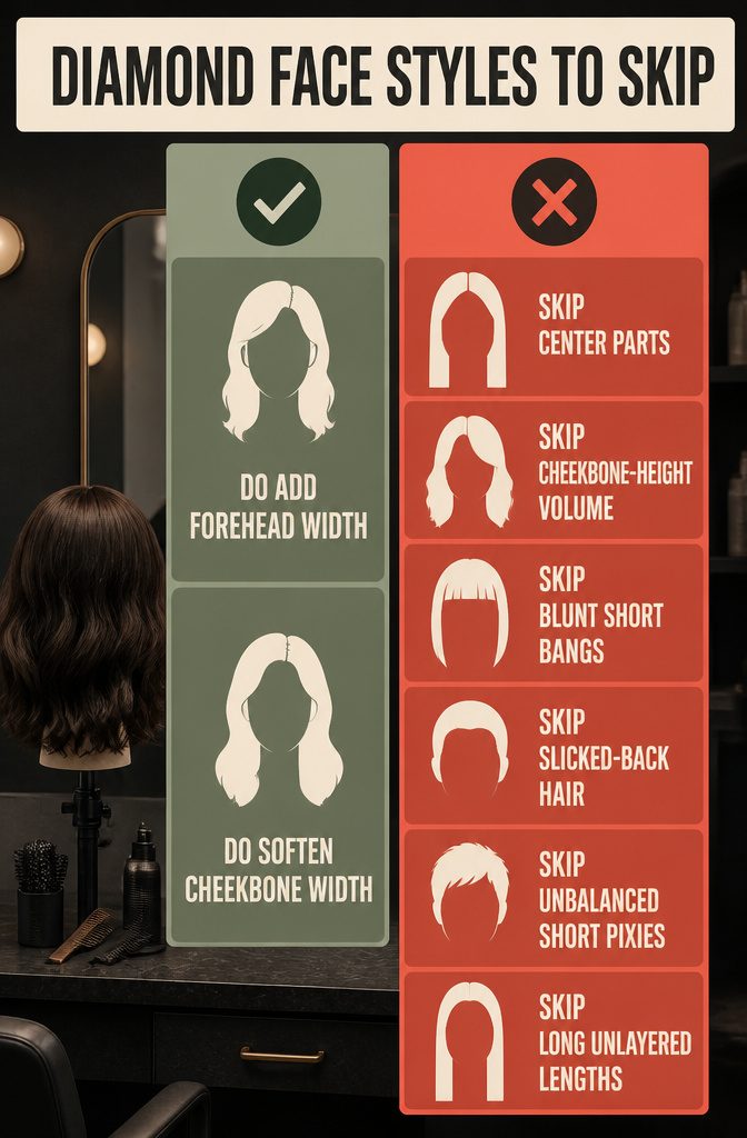 Style guide showing center part blunt bangs and cheekbone volume