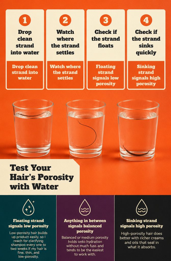 Hair strand floating in a glass of water for porosity testing