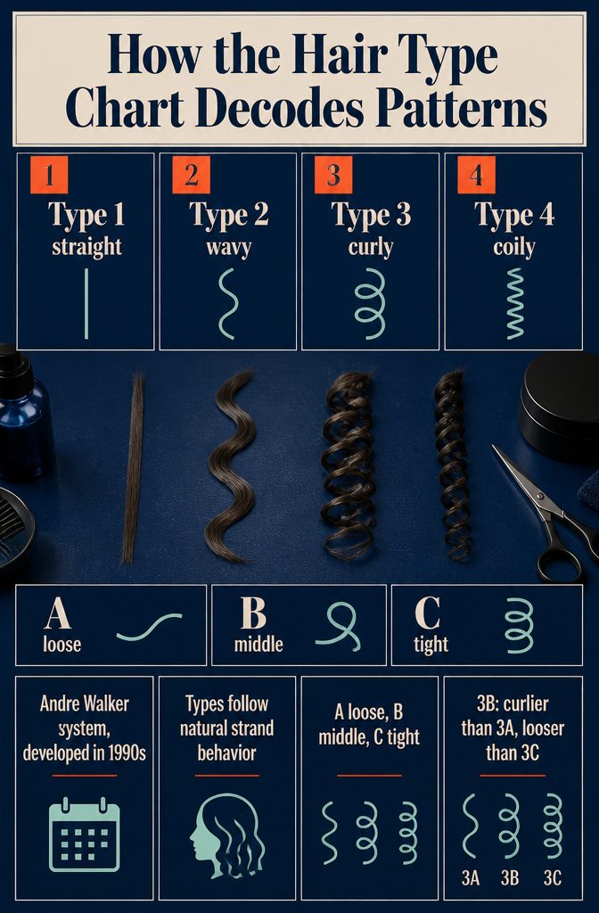 Hair chart explaining numbered types and A through C pattern letters