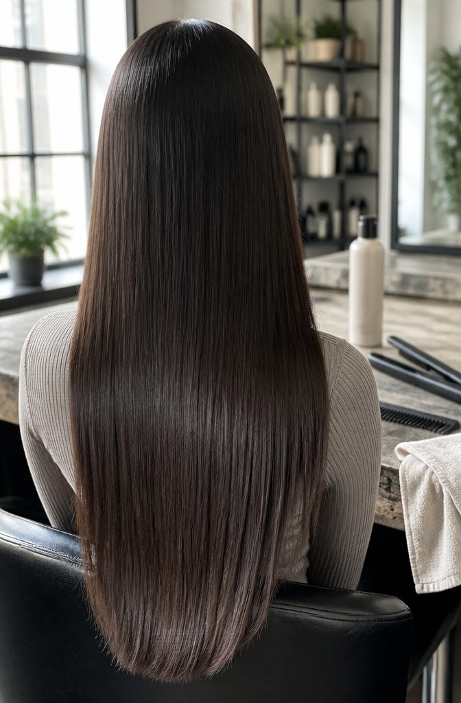 Straight hair strands lying flat from roots through the ends