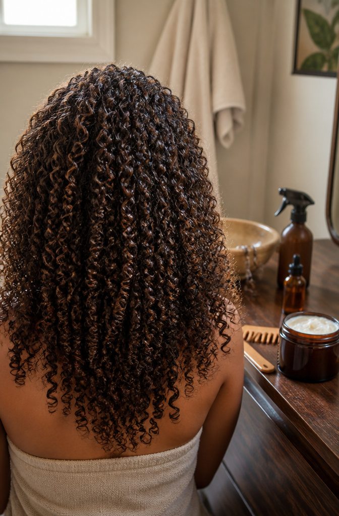 Curly hair showing loose spirals and tight corkscrew curls