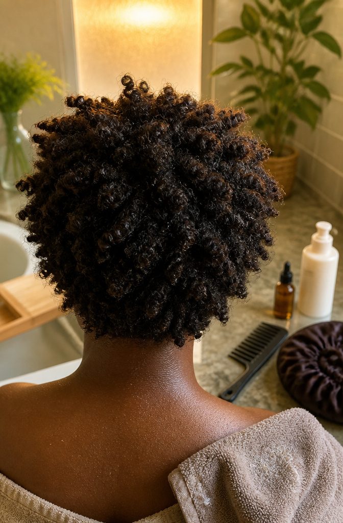 Coily hair with tight coils zigzag bends and visible shrinkage