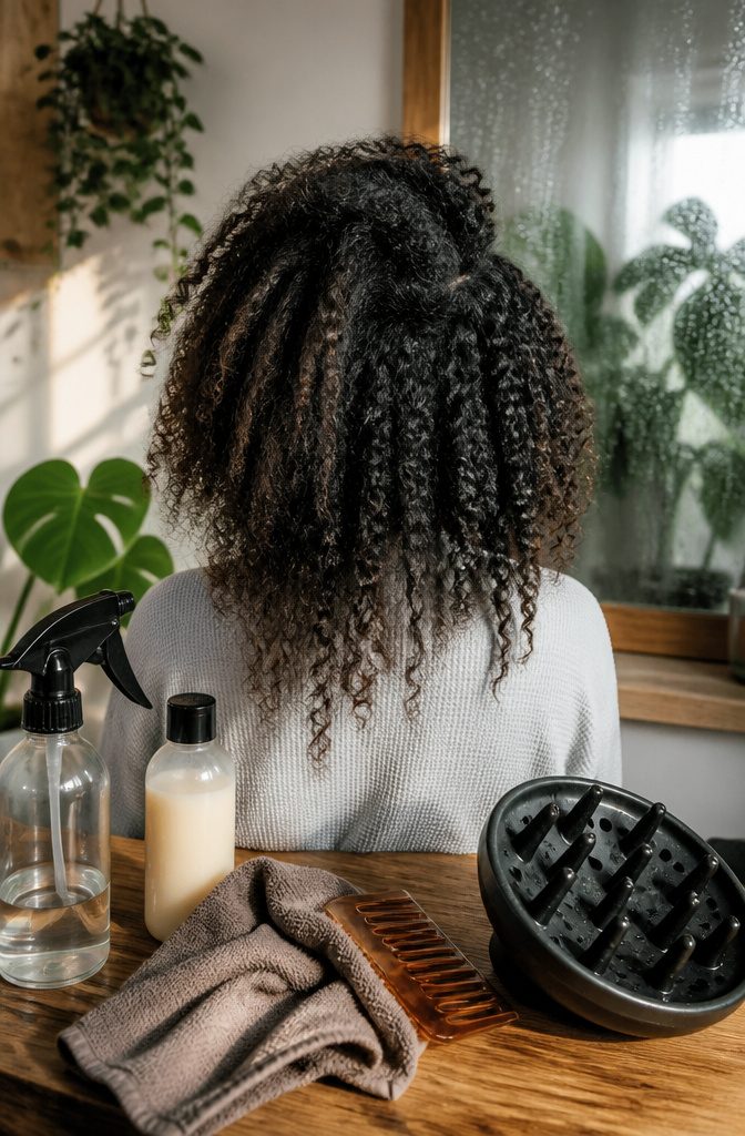 Hair with loose curls tight coils waves and uneven definition