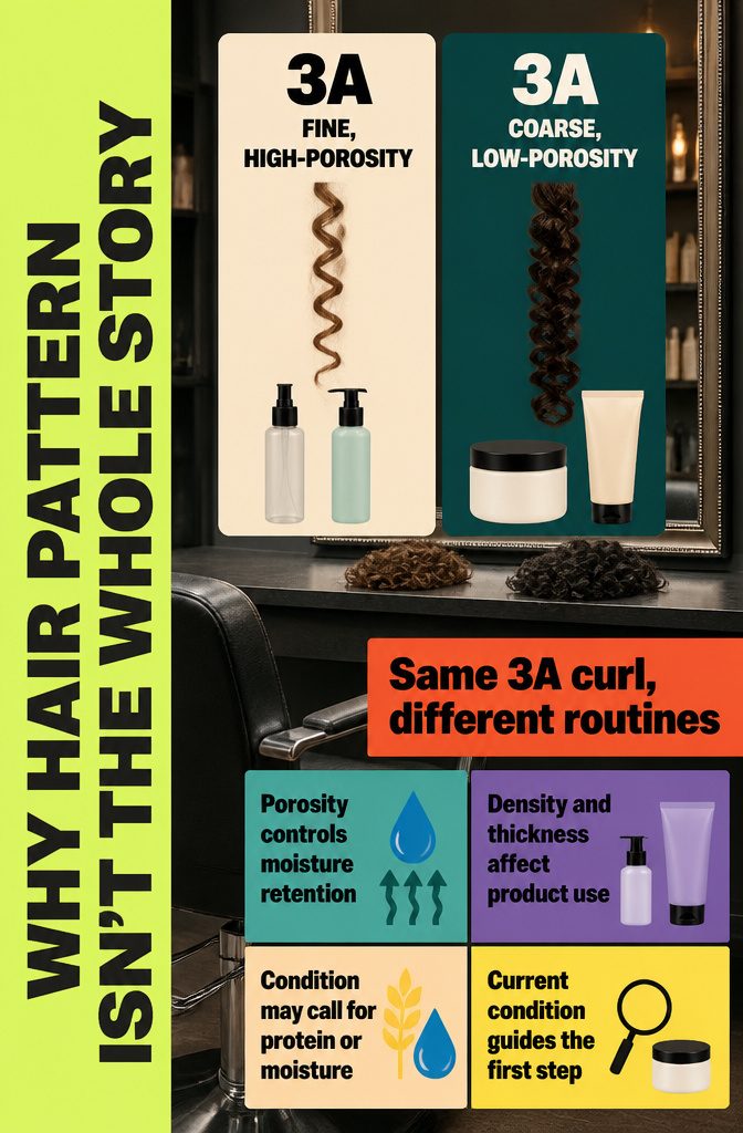 Curly hair showing differences in pattern strand thickness and density