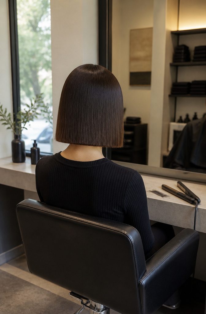 Middle parted bob with blunt even ends near the jaw